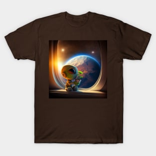 Cute Alien holding a green plant - We come in peace T-Shirt